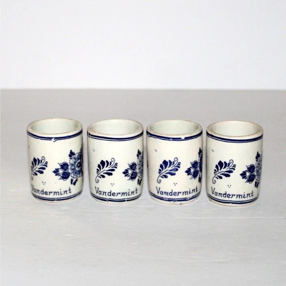 Vintage Vandermint Delft Ceramic Shot Glass Set of 4 Holland white blue
